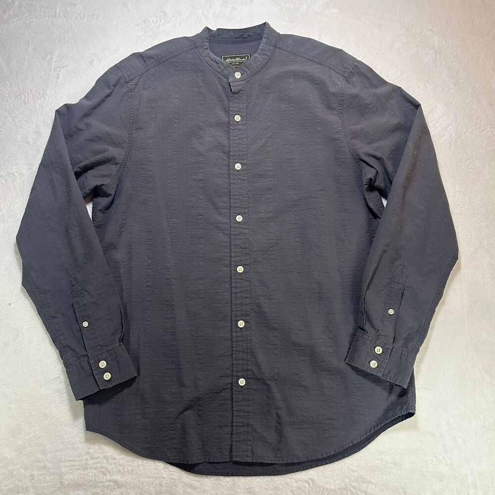 Eddie Bauer Men's Band Collar Button Down Shirt Gray Medium Long Sleeve